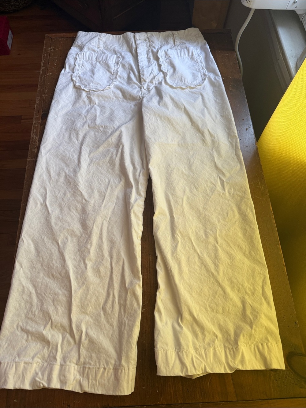 Anthropology Maeve White Wide-Leg Cotton Pants with ruffle Patch Pockets